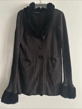 Vintage Y2K 52 Weekends Black Ribbed Knit Cardigan with Faux Trim